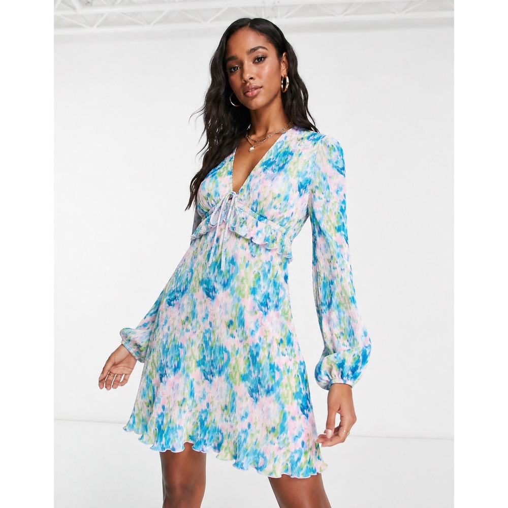 The Frolic Watercolour Floral Pleated Puff‎ Sleeve Mini Dress US 2